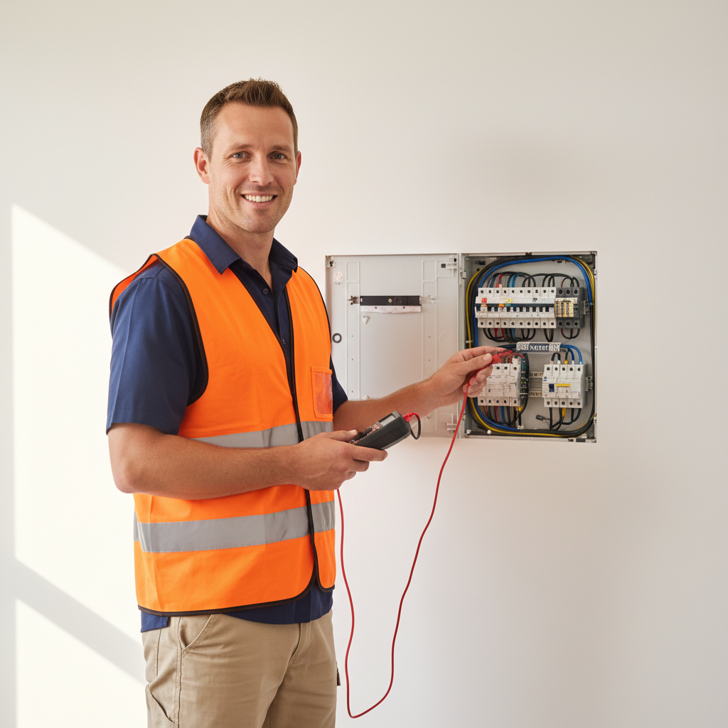 Licensed Australian electrician testing a residential switchboard with a multimeter