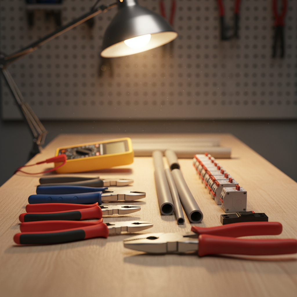 Professional electrician tools including multimeter, wire strippers, and circuit breakers on a workbench
